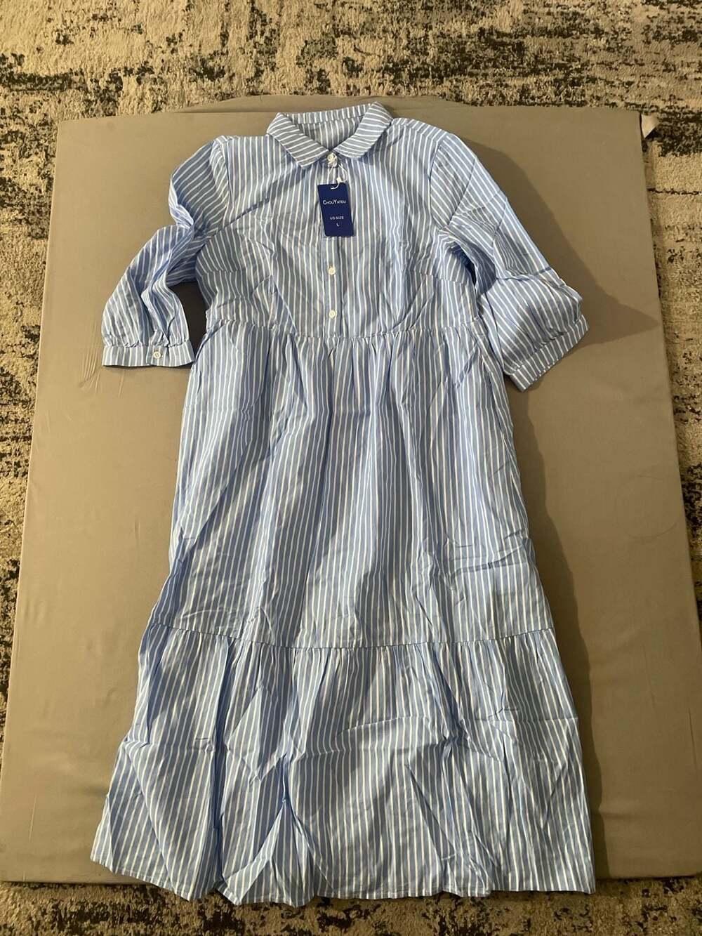 Chouyatou Striped Shirt Dress Size L Blue White Tiered Maxi